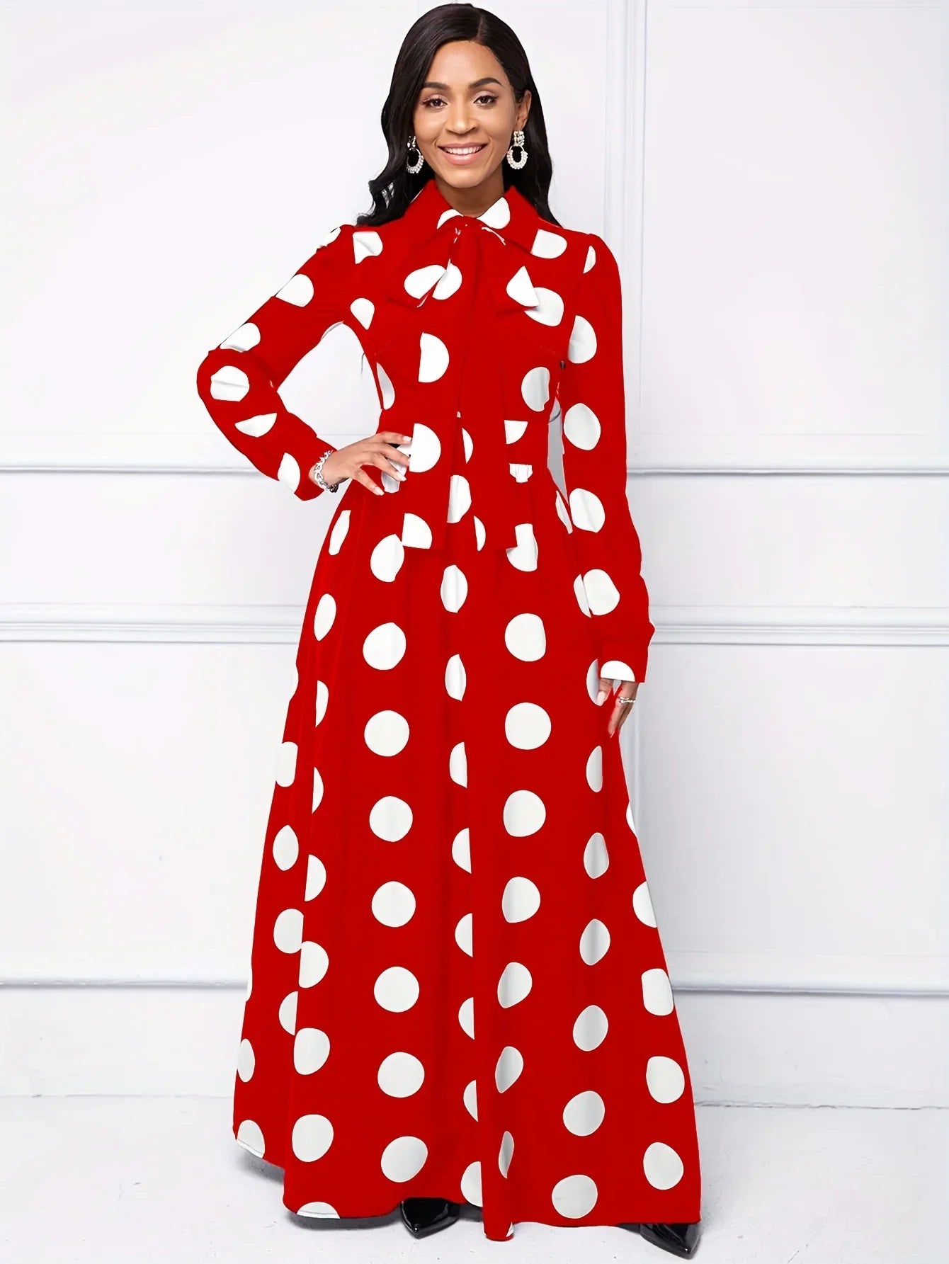 Polka Dot Maxi Dress – Elegant Bow Tie Casual Style
