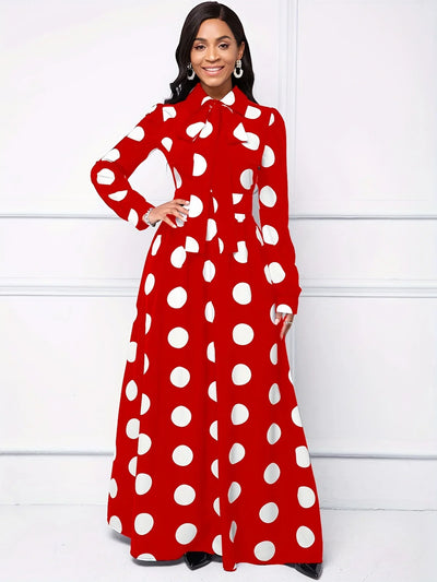 Polka Dot Maxi Dress – Elegant Bow Tie Casual Style