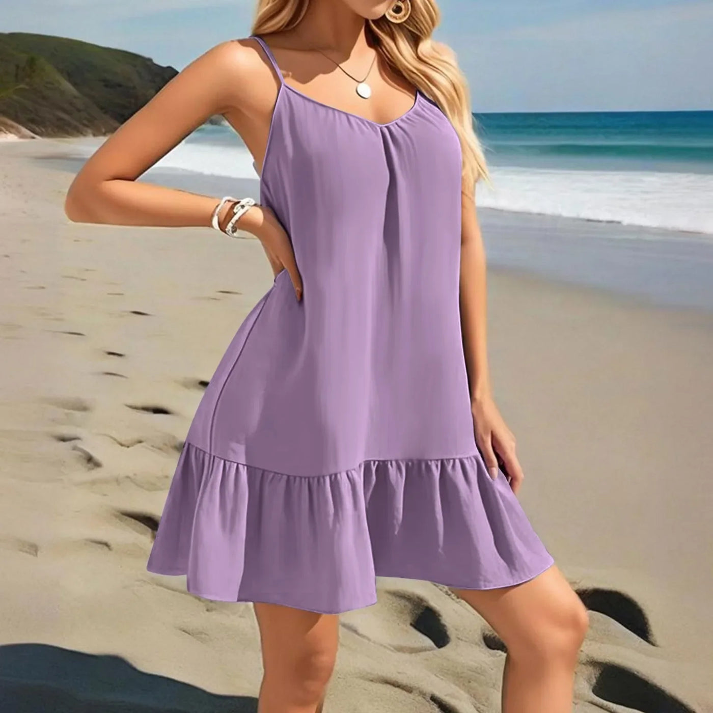 Spaghetti Strap Ruffle Dress – Sleeveless Beach Look