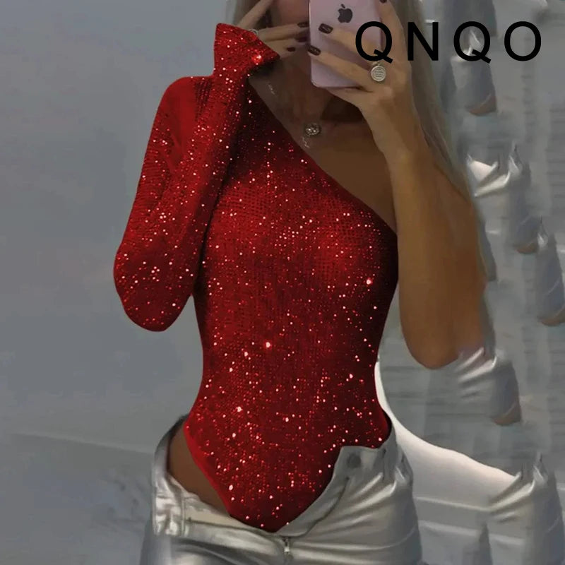 Sequined Asymmetrical Off Shoulder Bodysuit