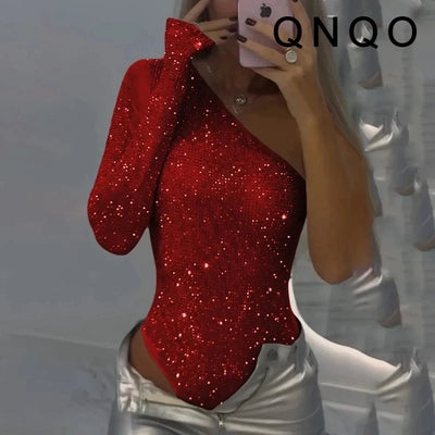 Sequined Asymmetrical Off Shoulder Bodysuit