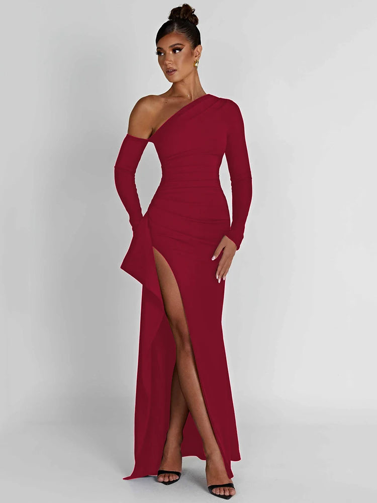 Oblique Shoulder Thigh High Split Maxi Dress