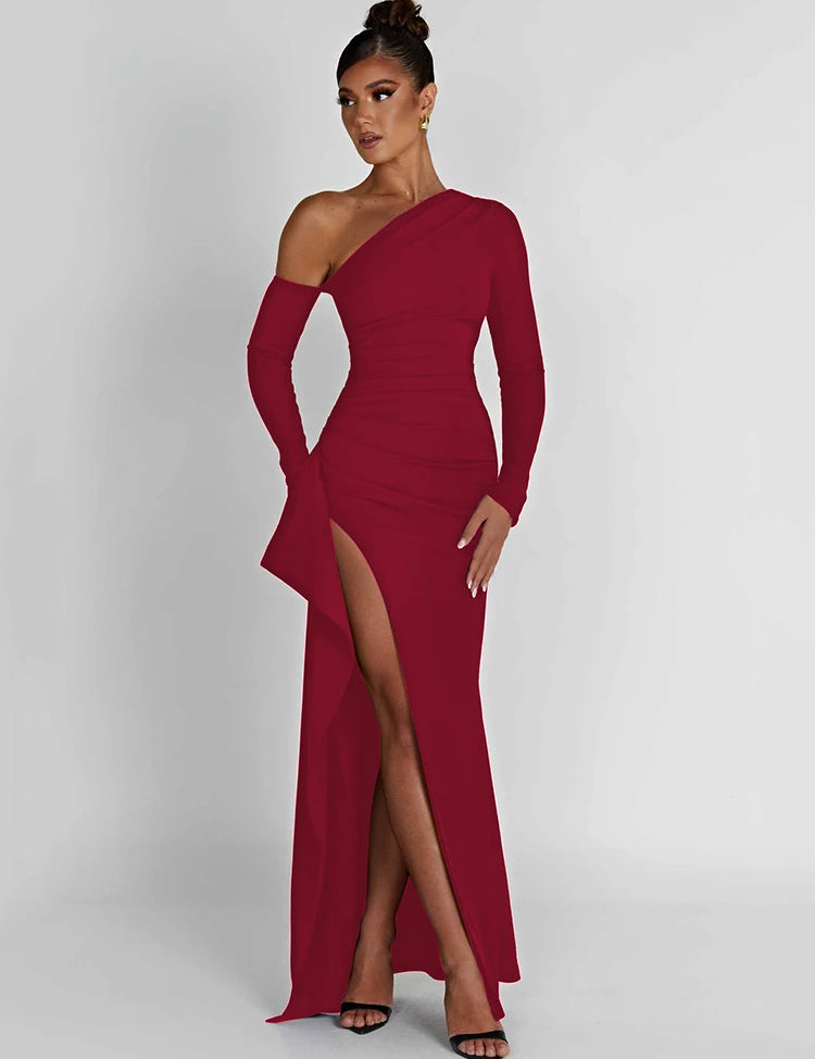 Oblique Shoulder Thigh High Split Maxi Dress