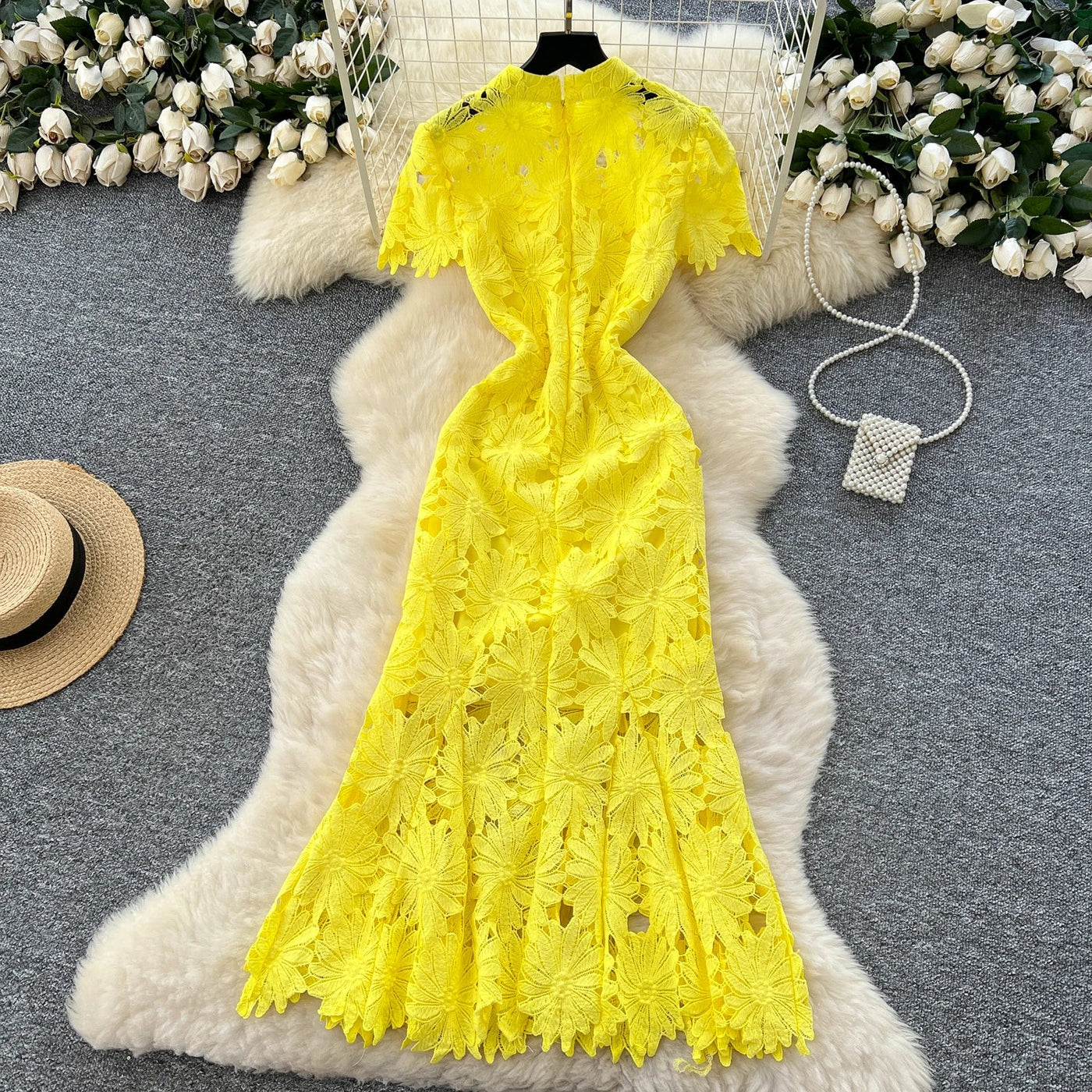 Slim Fit Lace Maxi Dress – French Hollow Out Style
