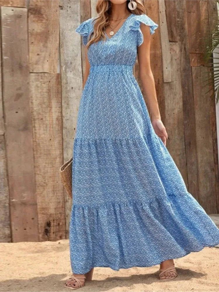 Printed V-Neck Split Dress – Summer High Waist Style