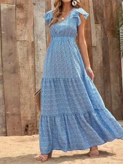 Printed V-Neck Split Dress – Summer High Waist Style