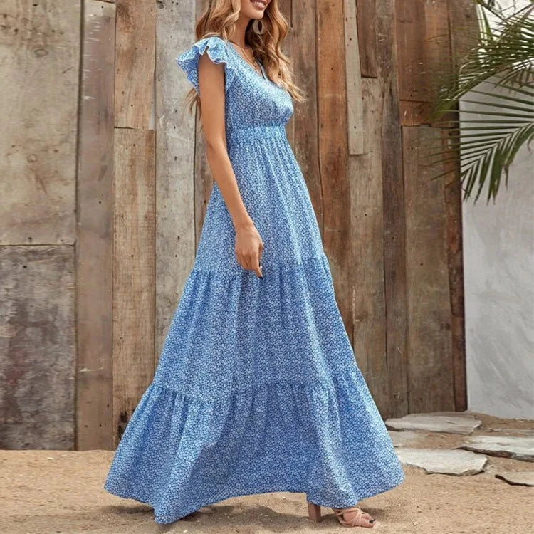 Printed V-Neck Split Dress – Summer High Waist Style