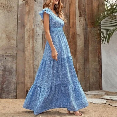 Printed V-Neck Split Dress – Summer High Waist Style