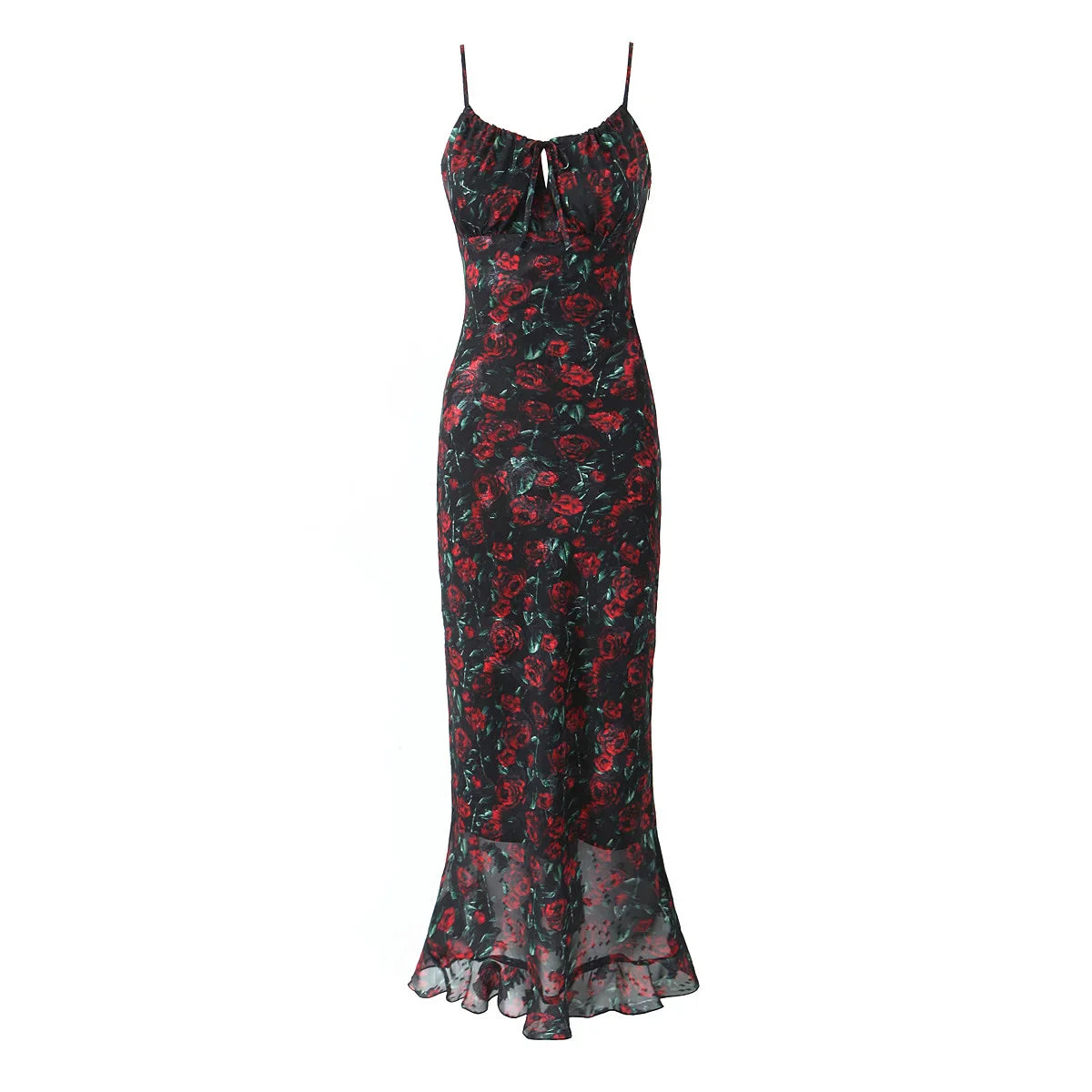 Vintage Floral Bodycon Midi Dress – Black Tie Front (Summer 2025)
