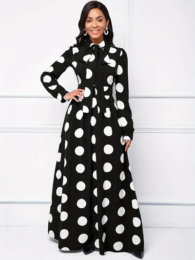 Polka Dot Maxi Dress – Elegant Bow Tie Casual Style