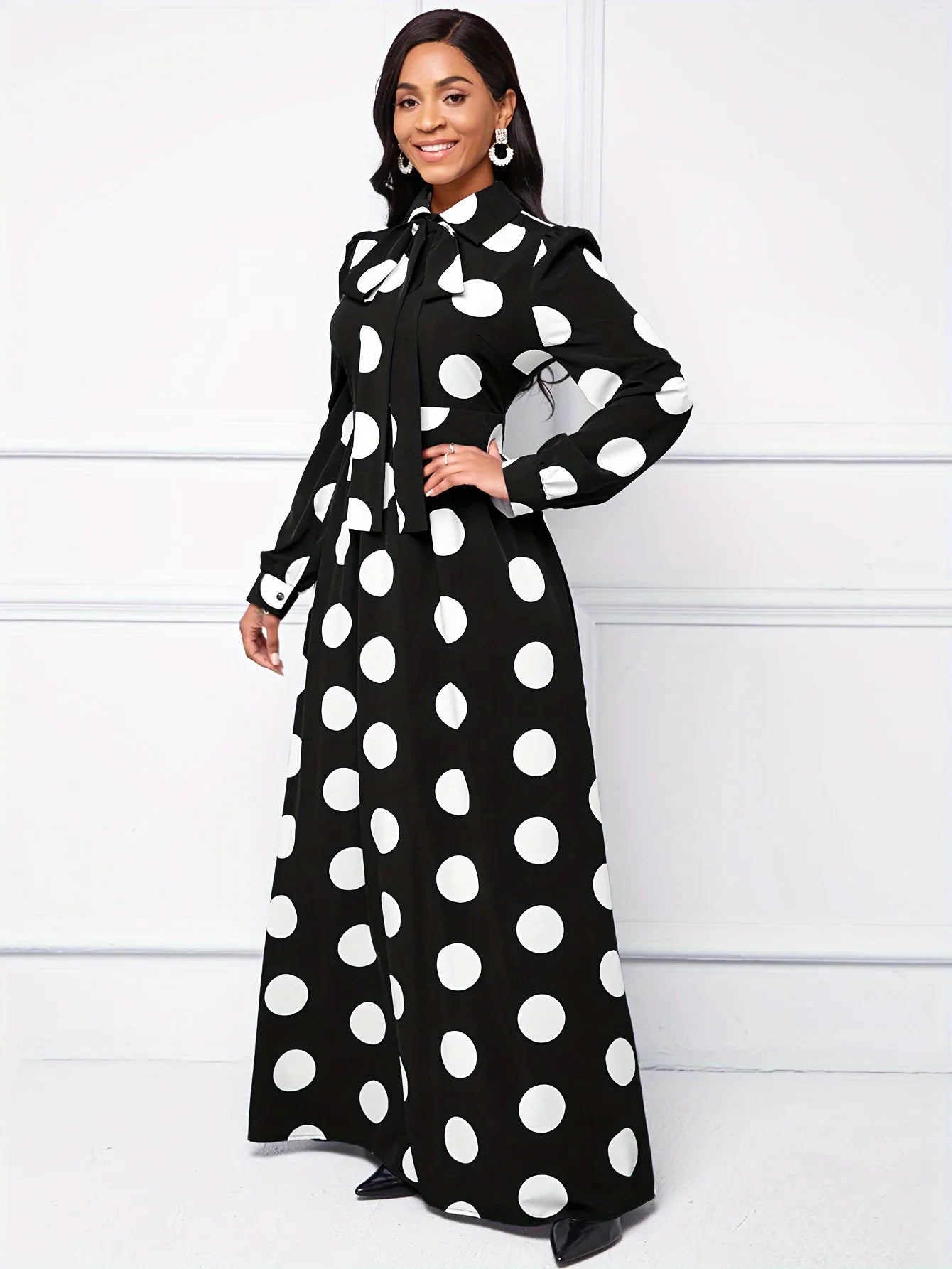 Polka Dot Maxi Dress – Elegant Bow Tie Casual Style