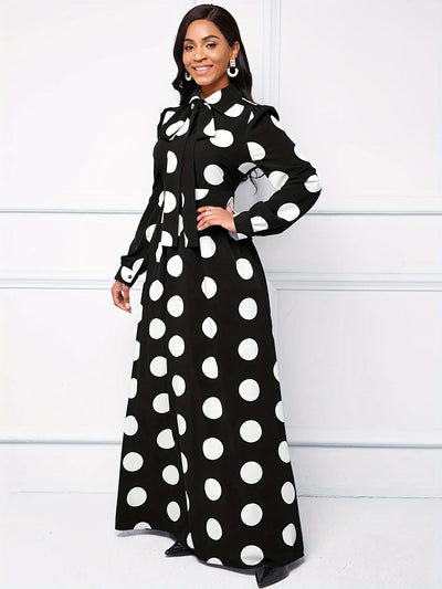 Polka Dot Maxi Dress – Elegant Bow Tie Casual Style