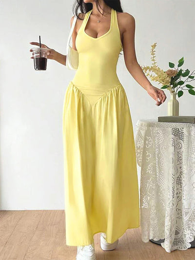 Backless Halter Maxi Dress – Solid Color V-Neck Slim Fit for Summer