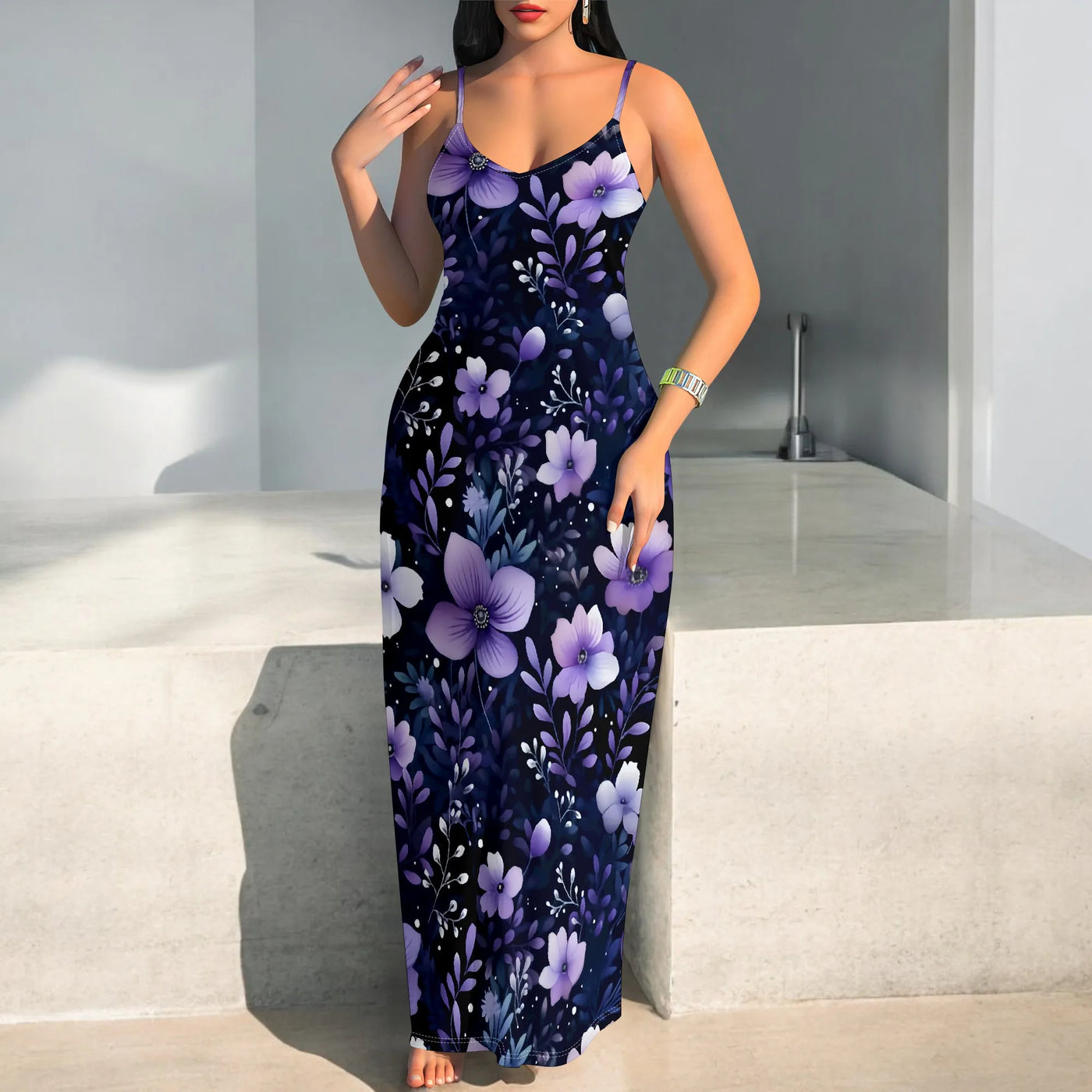 Watercolor Floral Maxi Dress – Soft V-Neck Cami Style with Spaghetti Straps