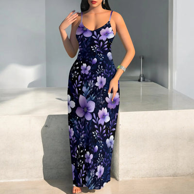 Watercolor Floral Maxi Dress – Soft V-Neck Cami Style with Spaghetti Straps