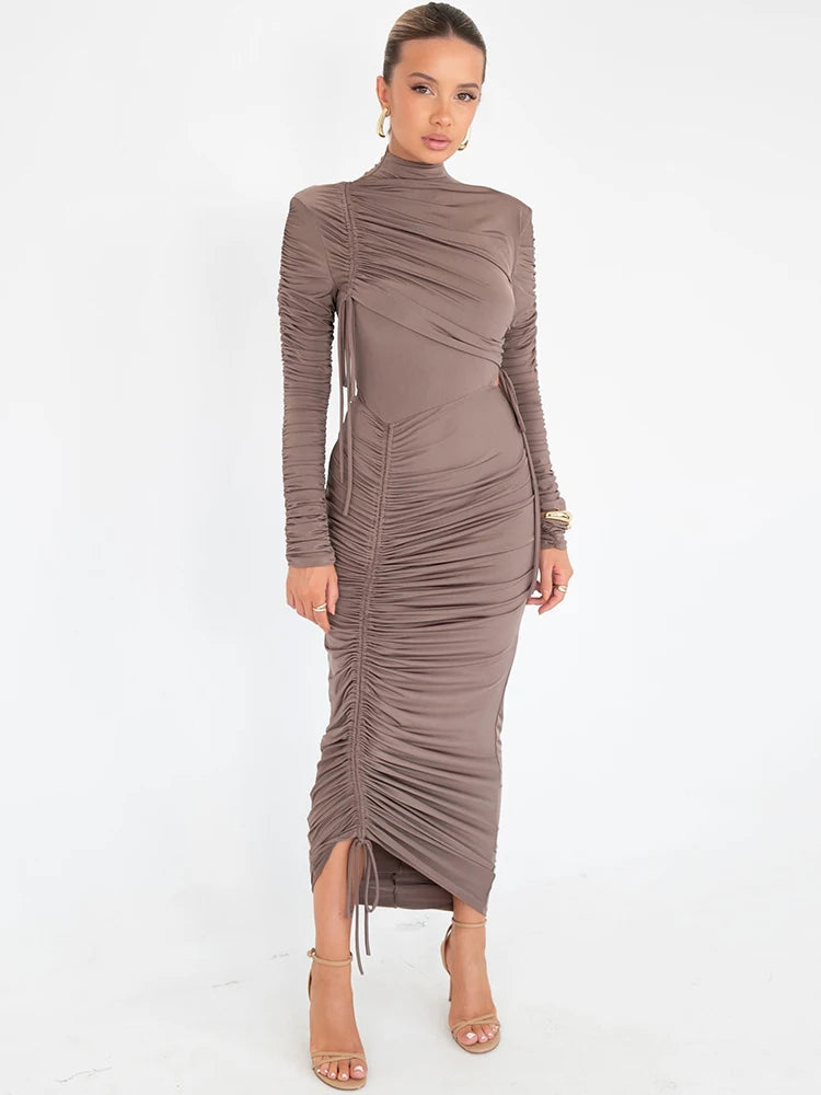 Long Sleeve Drawstring Maxi Dress