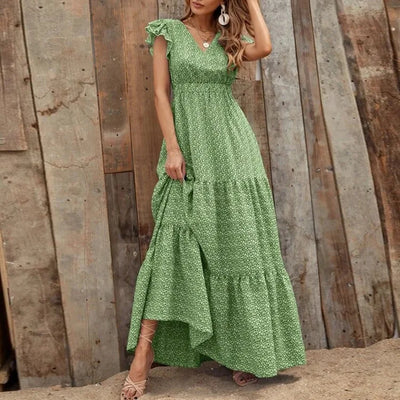 Printed V-Neck Split Dress – Summer High Waist Style