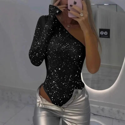 Sequined Asymmetrical Off Shoulder Bodysuit