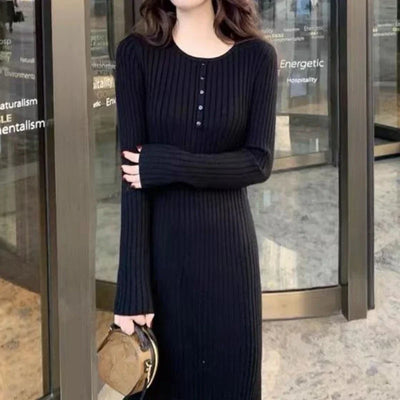 Knitted Crochet Midi Dress – Black Bodycon A-Line Autumn Style