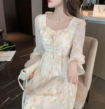 Chiffon Splice Midi Dress – Loose Fit Korean Style 2025