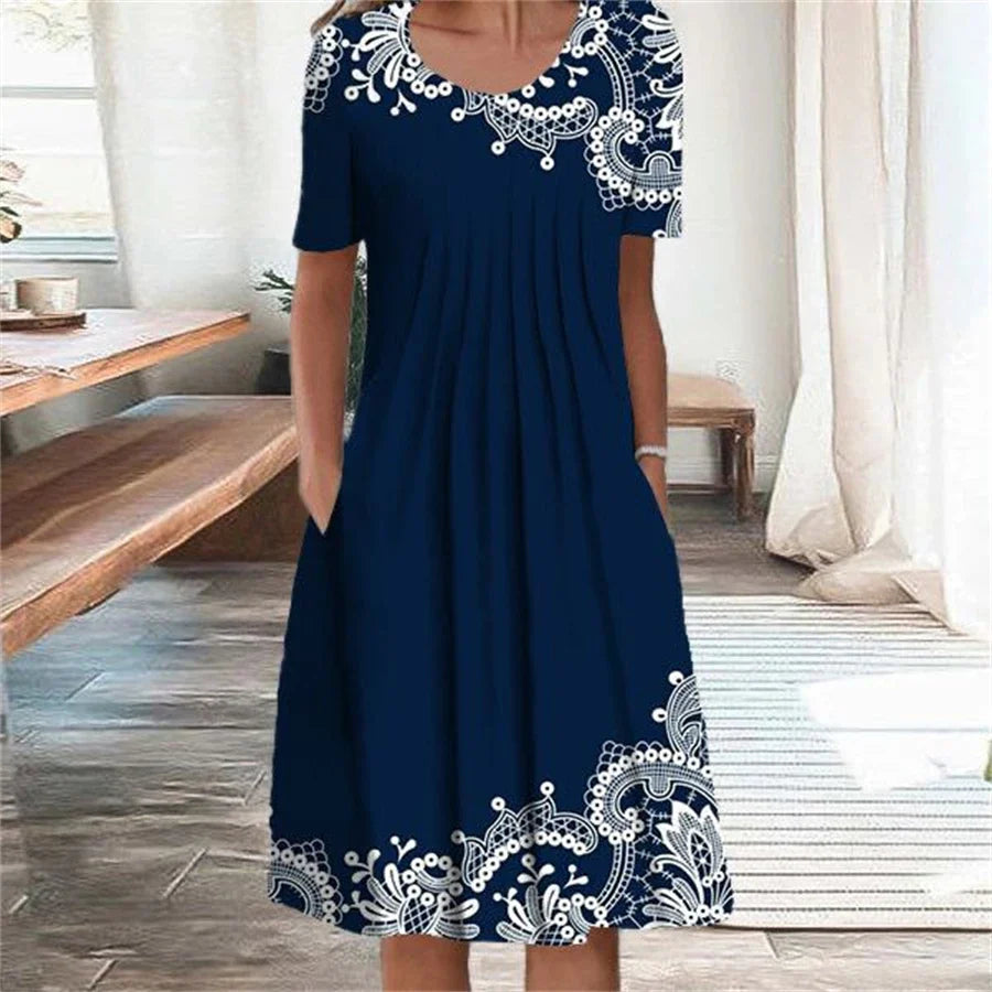 Elegant Loose Fit Dress – Casual Short Sleeve Weekend Look