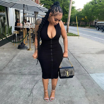 Sleeveless Black Bodycon Dress – Zipper Streetwear Summer Style