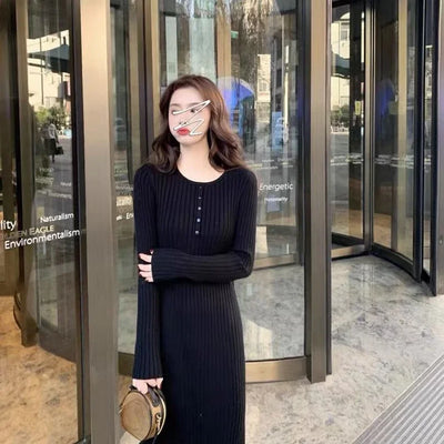 Knitted Crochet Midi Dress – Black Bodycon A-Line Autumn Style