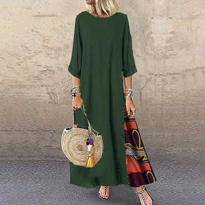 Vintage Print Maxi Dress – Elegant O-Neck Mid Sleeve Streetwear Style