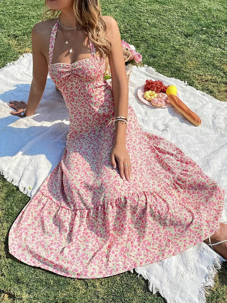 Green Floral Backless Ruffle Midi Dress – Summer 2024