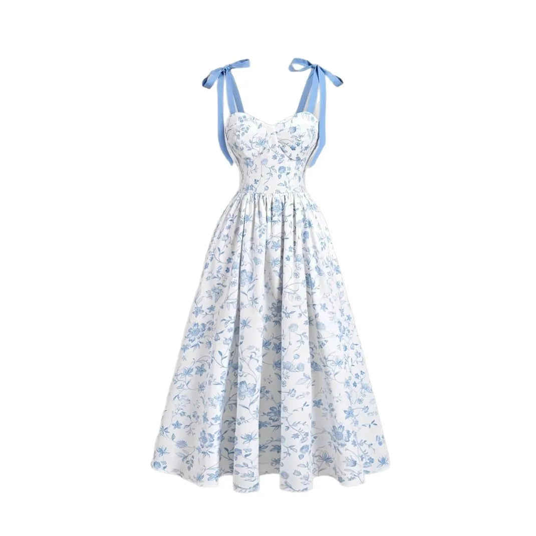 Floral Lace-Up Maxi Dress – Vintage Shoulder Strap Style for Summer