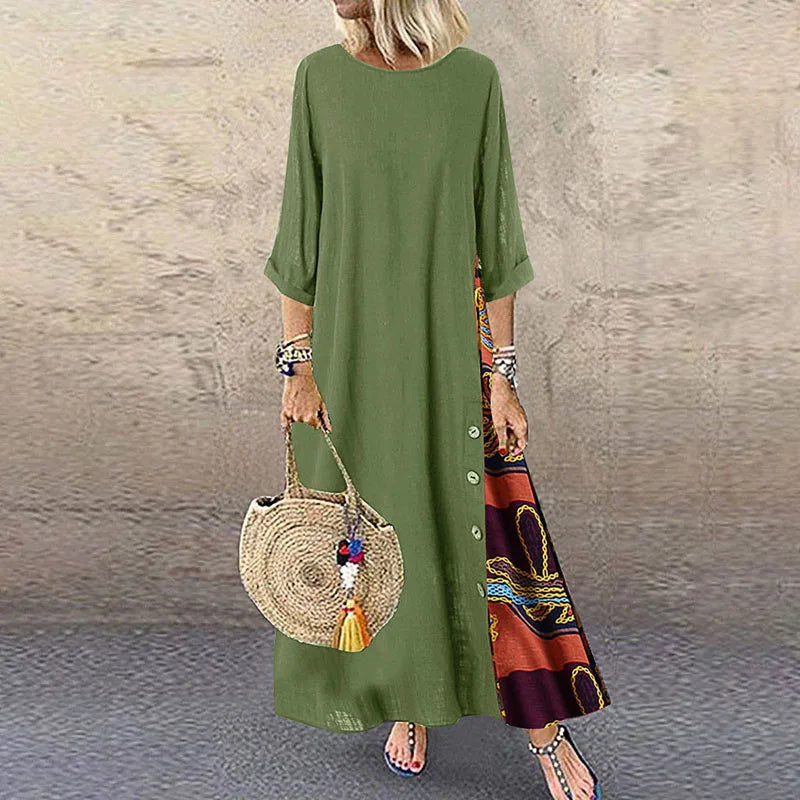 Vintage Print Maxi Dress – Elegant O-Neck Mid Sleeve Streetwear Style