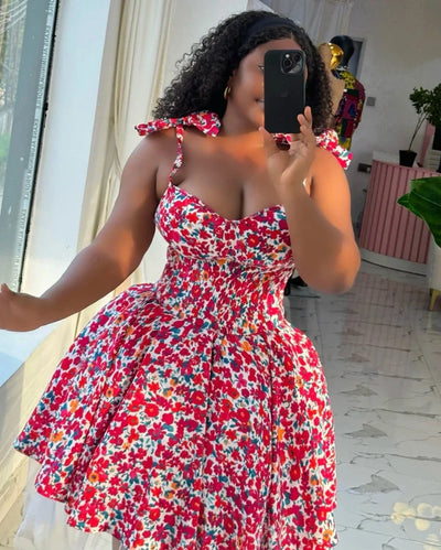 Floral V-Neck Mini Dress – Pleated A-Line Summer Style