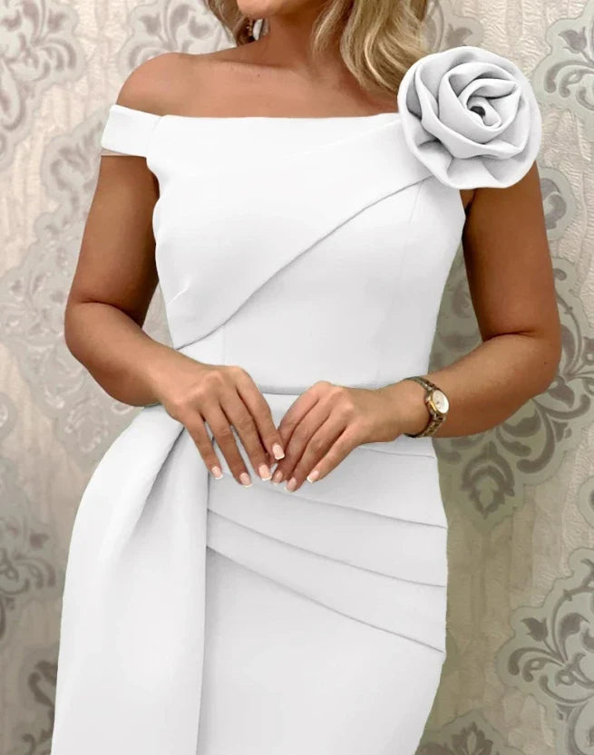 Elegant Midi Dress with Rose Detail – Asymmetrical Party Style