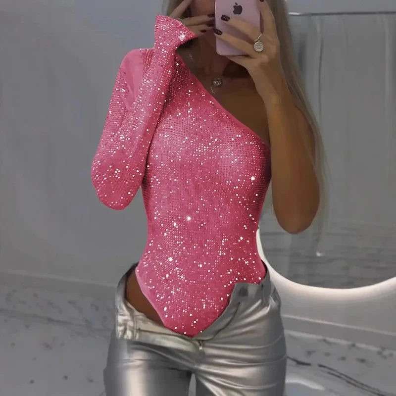 Sequined Asymmetrical Off Shoulder Bodysuit