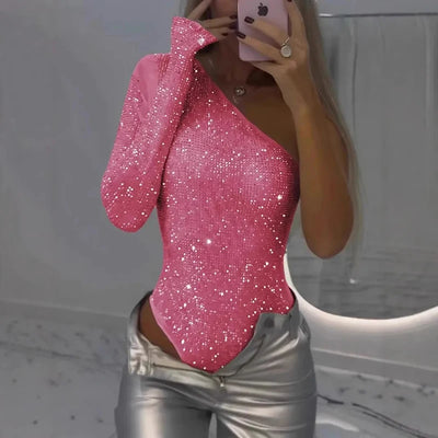 Sequined Asymmetrical Off Shoulder Bodysuit
