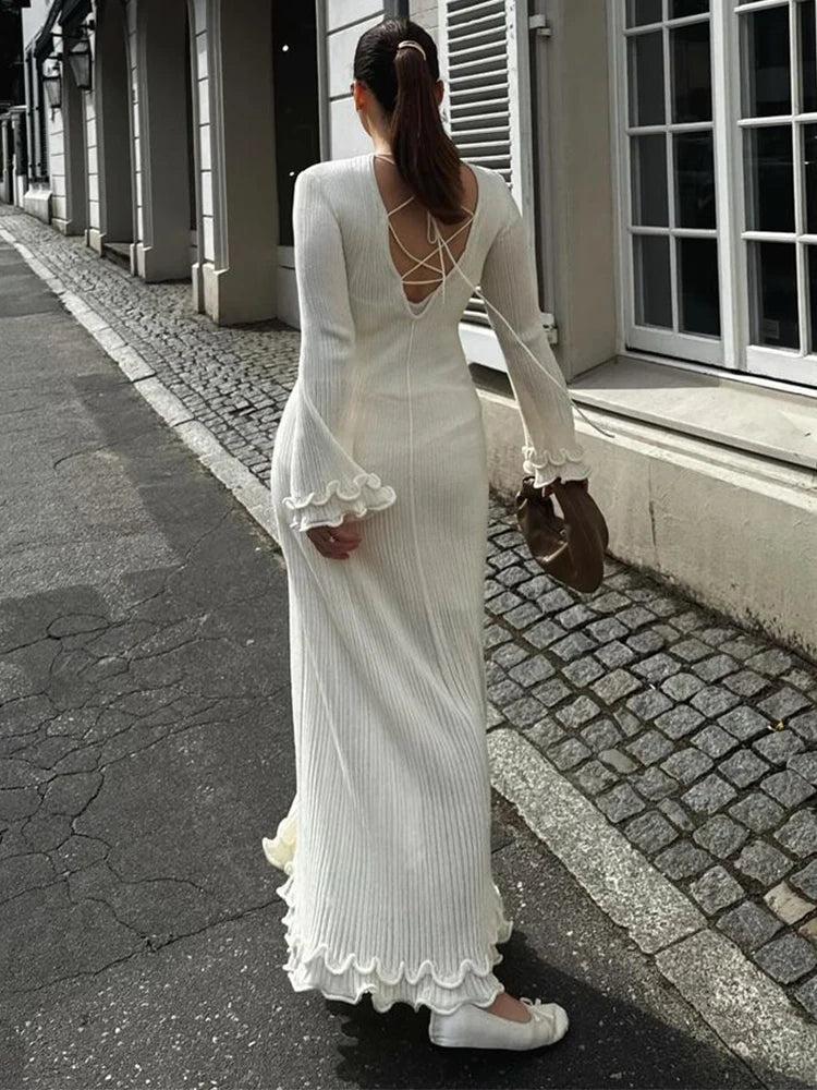 Elegant Ruffle White Long Dress