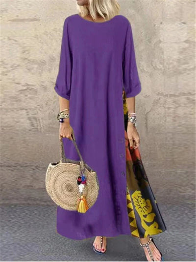 Vintage Print Maxi Dress – Elegant O-Neck Mid Sleeve Streetwear Style