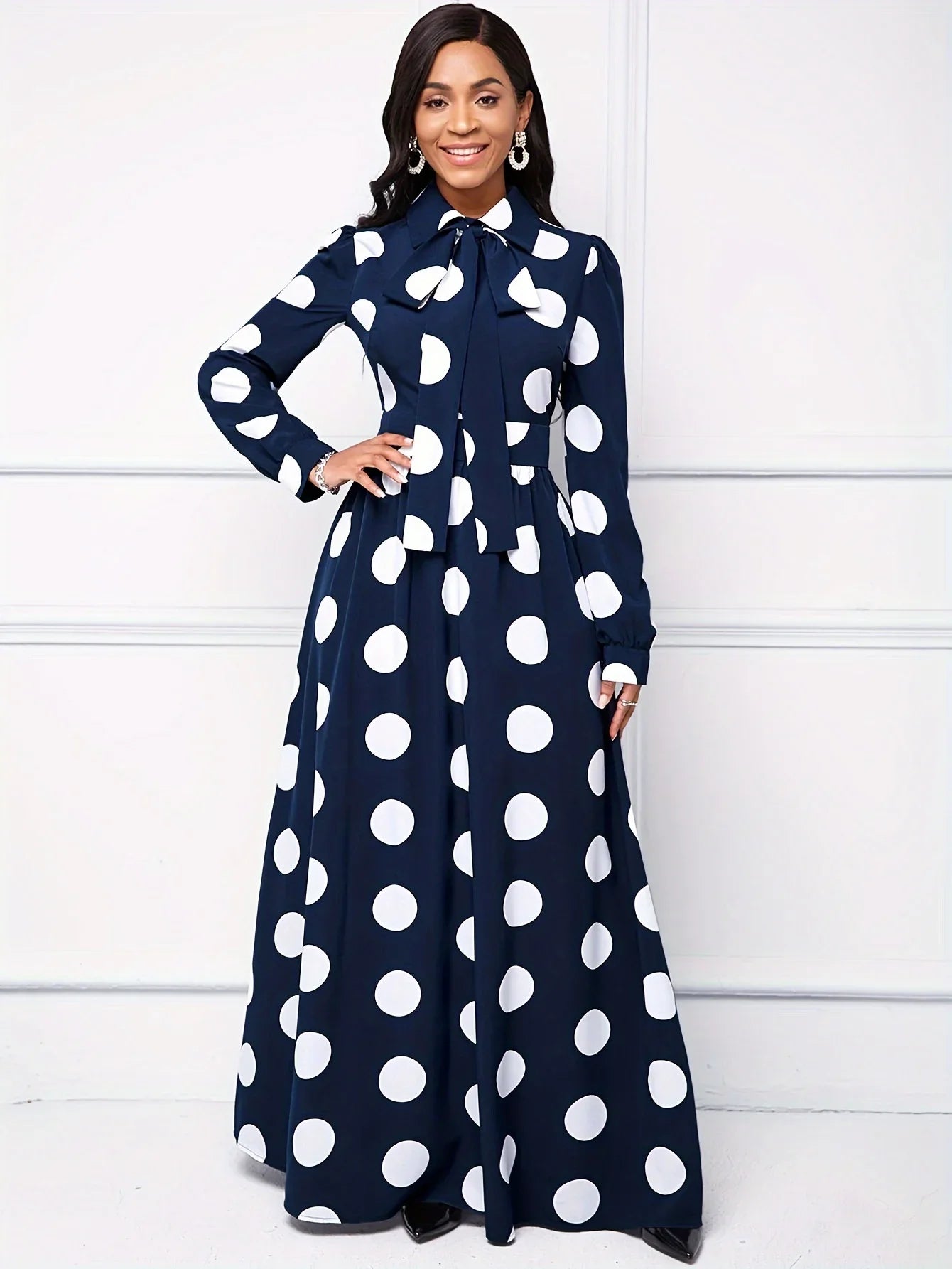 Polka Dot Maxi Dress – Elegant Bow Tie Casual Style