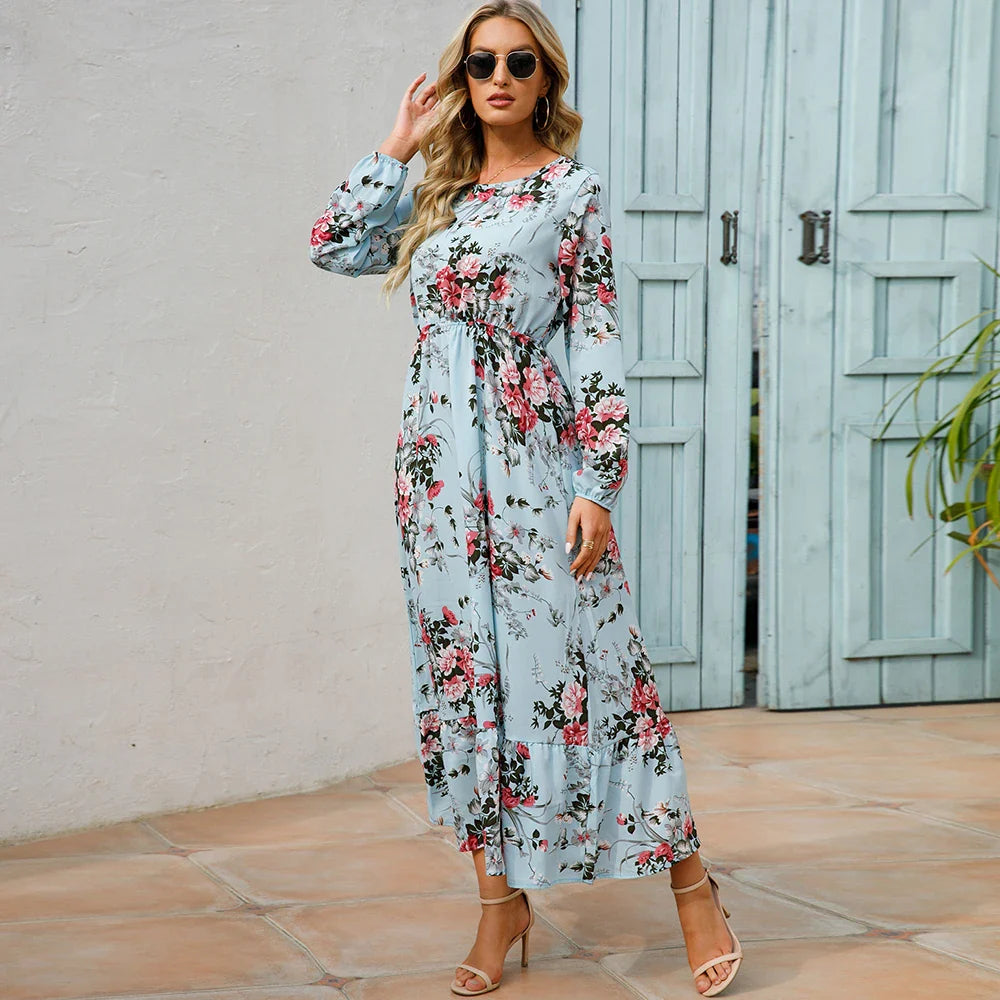 Bohemian Floral Maxi Dress – High Waist Chiffon Look