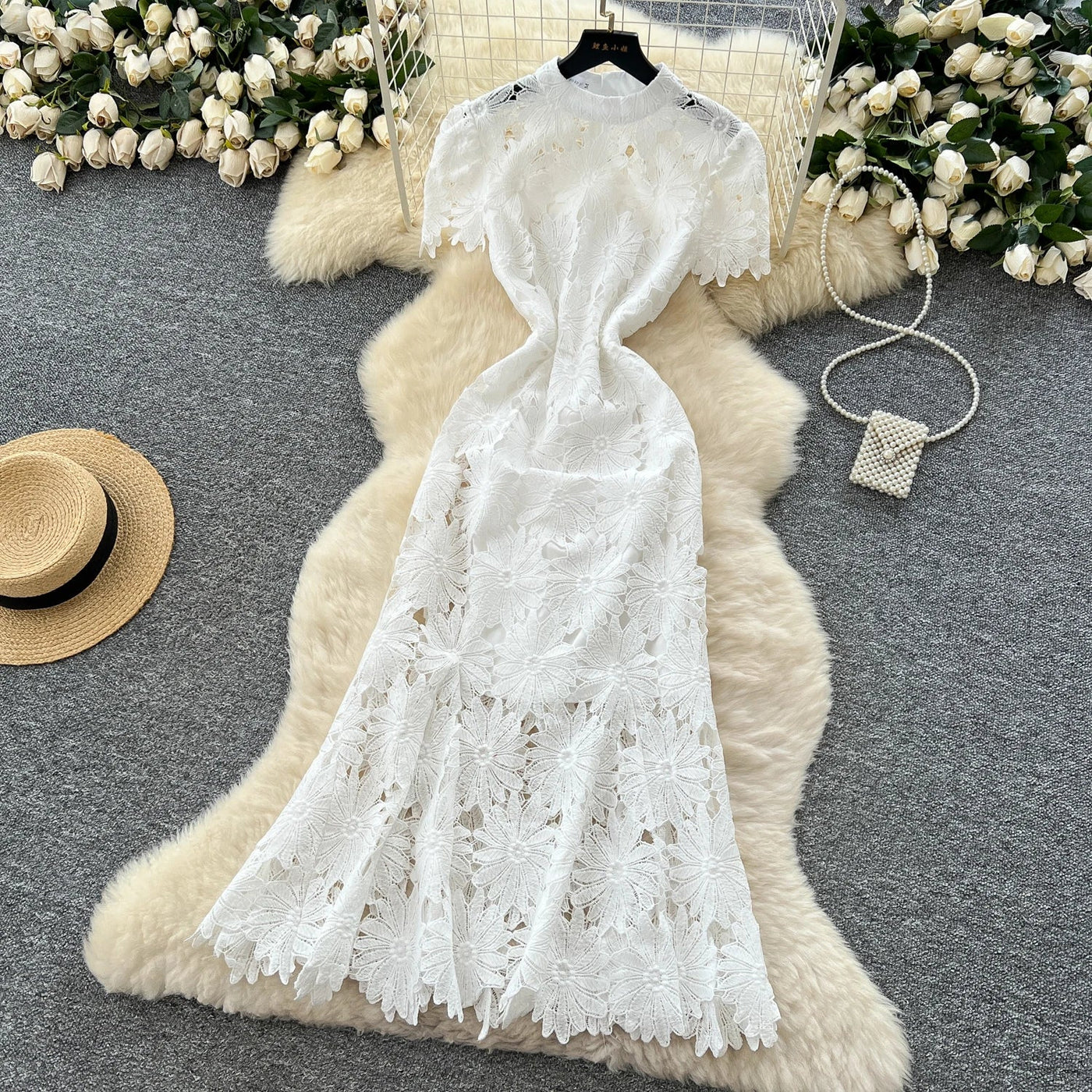 Slim Fit Lace Maxi Dress – French Hollow Out Style