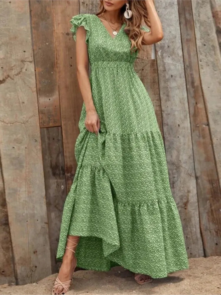 Printed V-Neck Split Dress – Summer High Waist Style