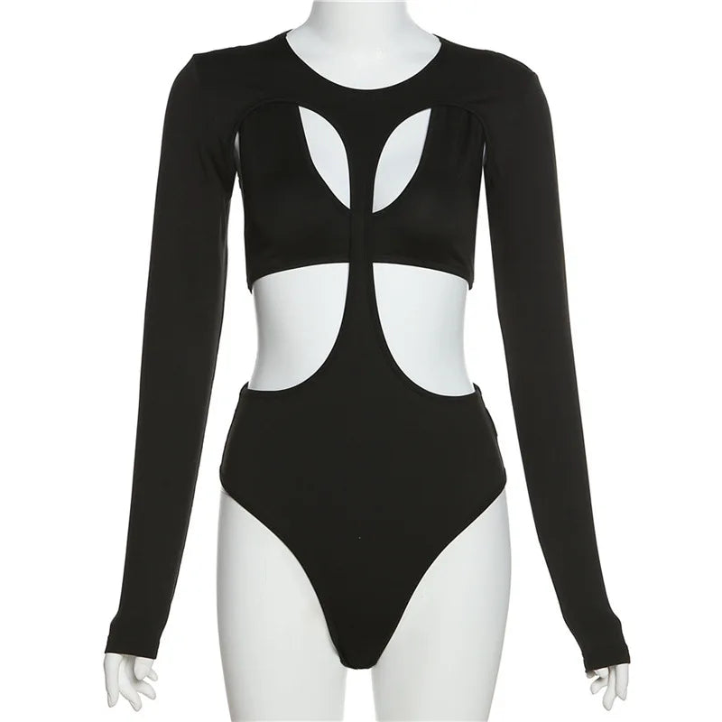 Cut-Out Bodysuit – Sexy Long Sleeve Skinny Fit in Black