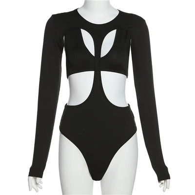Cut-Out Bodysuit – Sexy Long Sleeve Skinny Fit in Black