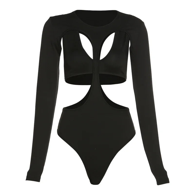 Cut-Out Bodysuit – Sexy Long Sleeve Skinny Fit in Black