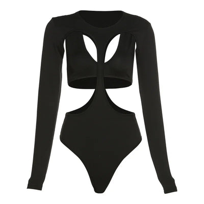 Cut-Out Bodysuit – Sexy Long Sleeve Skinny Fit in Black