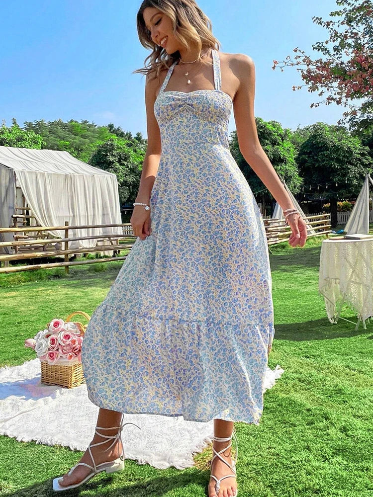 Green Floral Backless Ruffle Midi Dress – Summer 2024