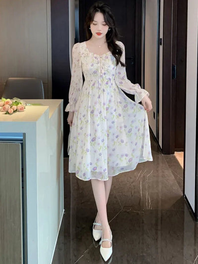 Chiffon Splice Midi Dress – Loose Fit Korean Style 2025