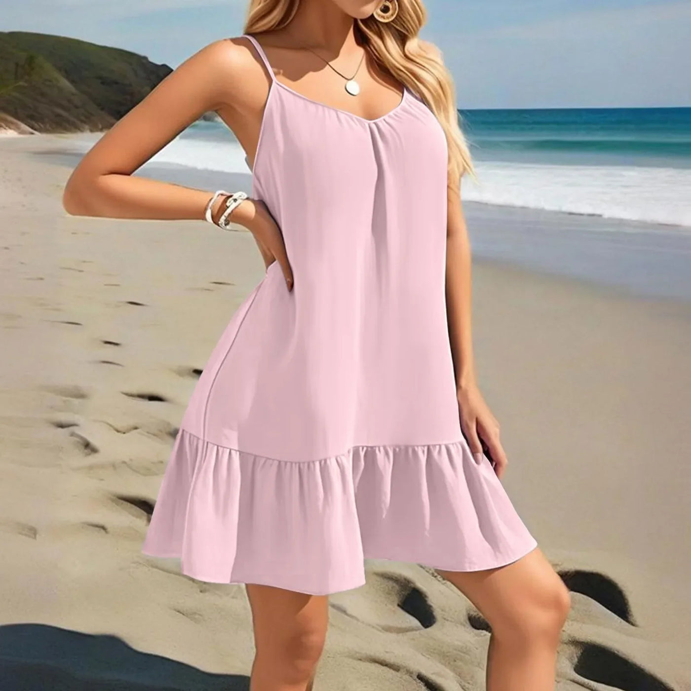 Spaghetti Strap Ruffle Dress – Sleeveless Beach Look