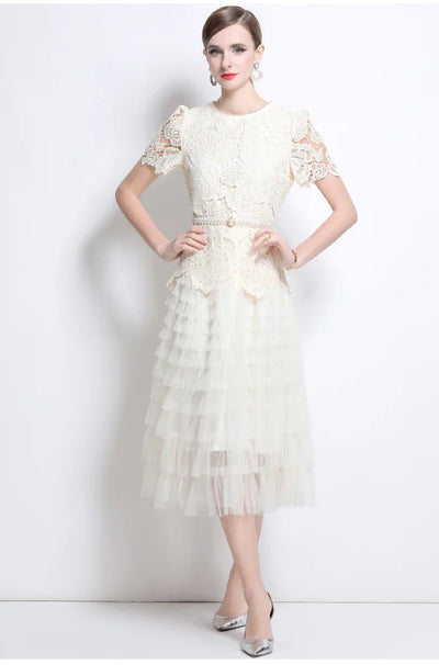 Luxury Lace Embroidered Midi Dress – A-Line Party Style 2025