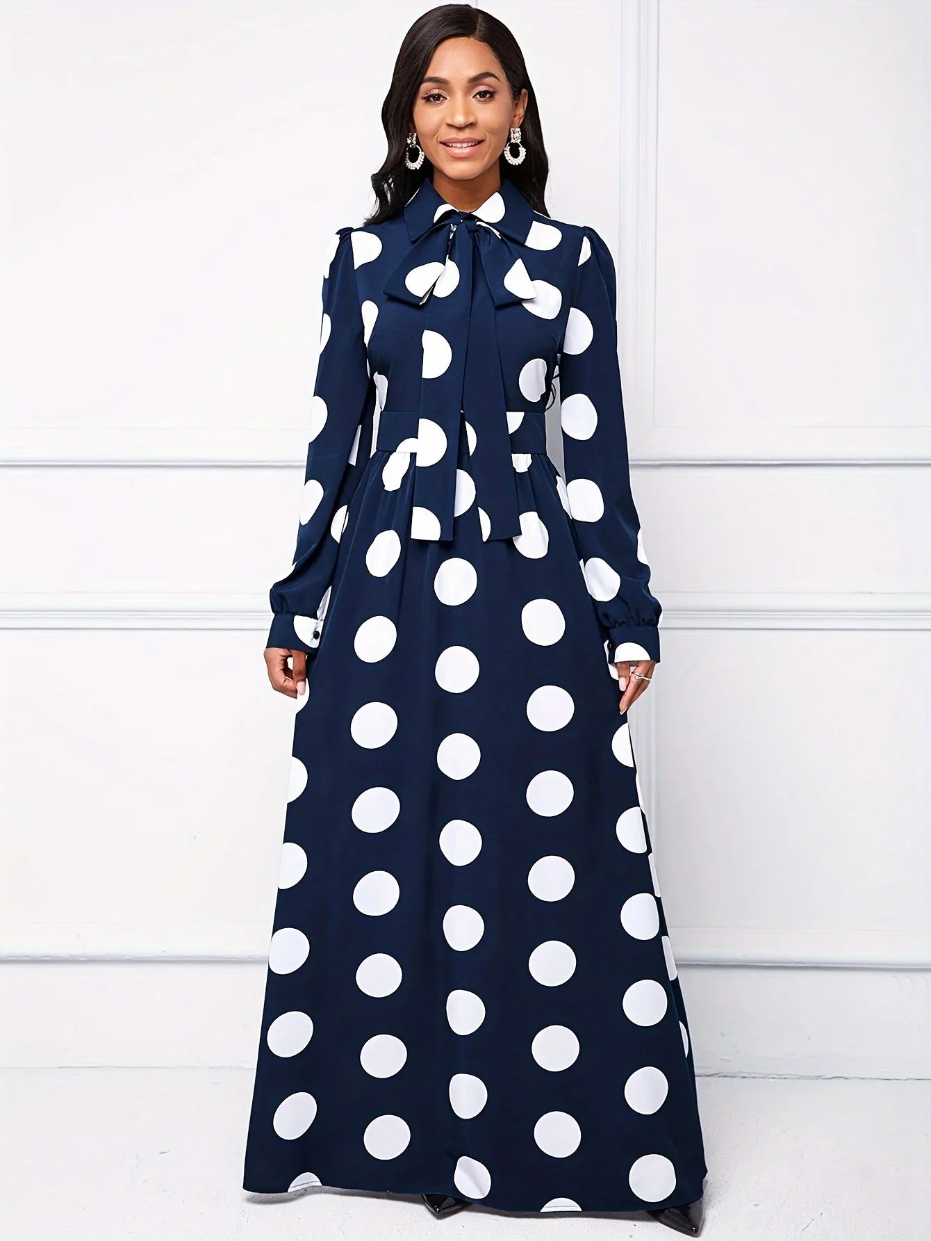 Polka Dot Maxi Dress – Elegant Bow Tie Casual Style